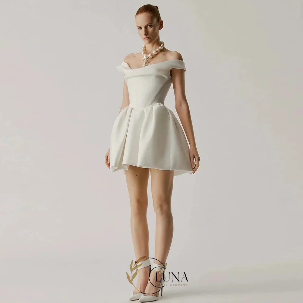 Luna Customized Modern Satin A-line Mini Wedding Dresses Off the Shoulder Backless Bride Gowns Pleats Short Bridal Prom Dresses