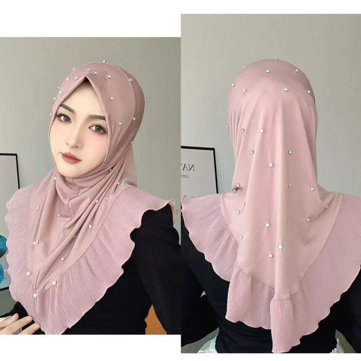 

Muslim Women's Hijabs Pink Coffee with Beading Eid Prayer Headscarf Evening Party Luxury Malaysia Islam Girl's Ourdoor Scarf