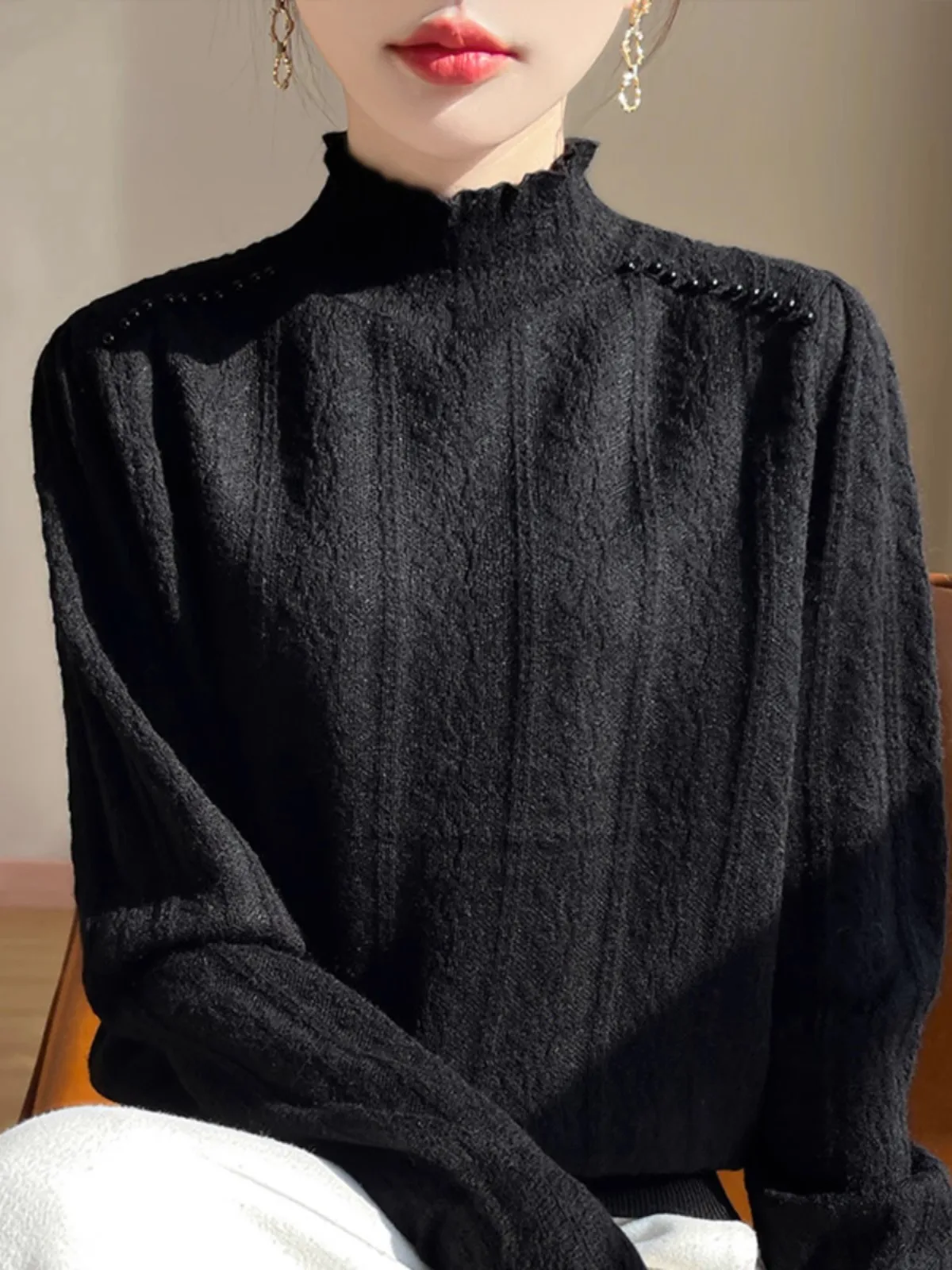 Ele high-end malha renda superior base feminina irt f gola alta camisola interior usar orelha de madeira design outono inverno