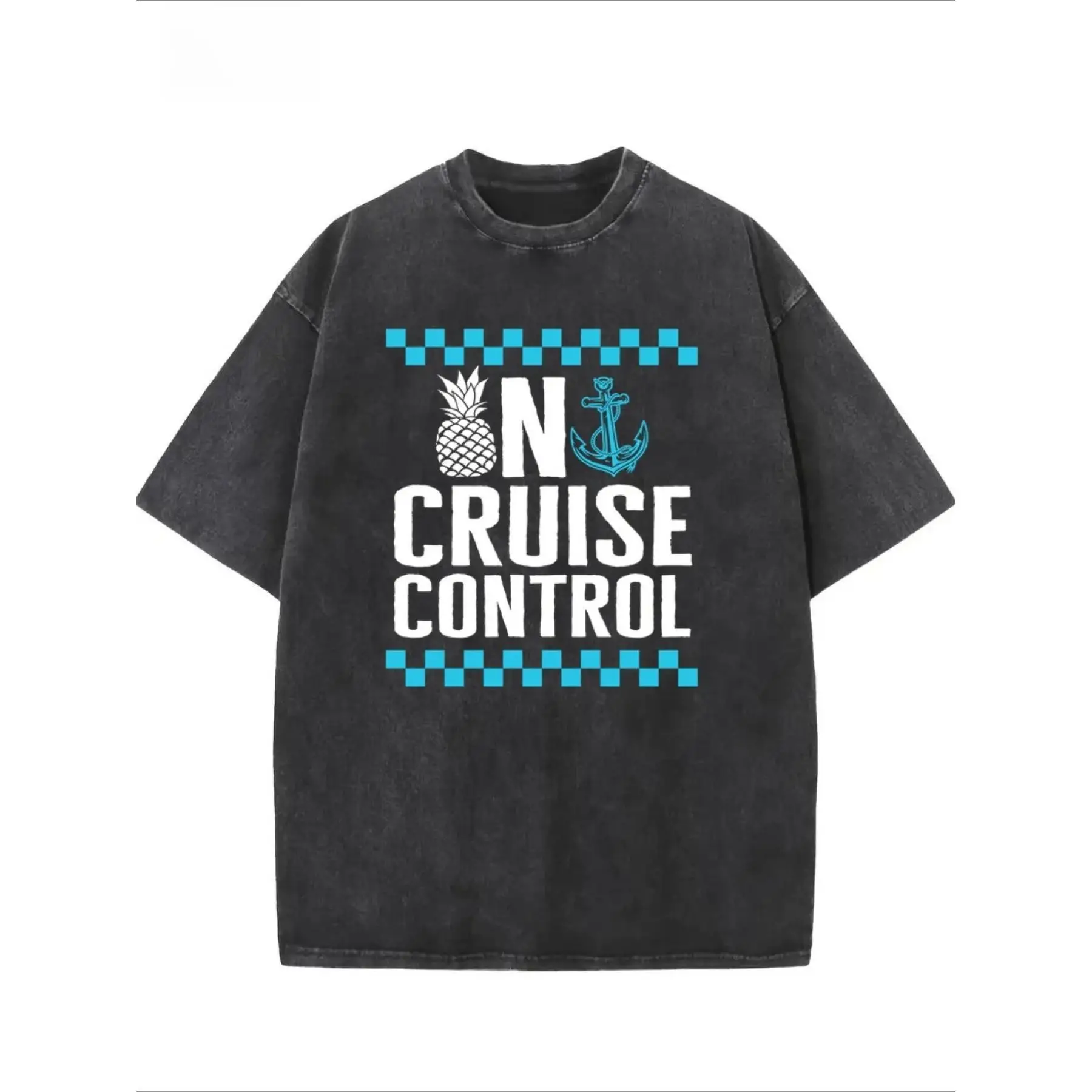 

Funny Cruise T-Shirt "In Cruise Control" Graphic Tee Unisex Washed Retro Vacation Pineapple Anchor Cotton Top Gift