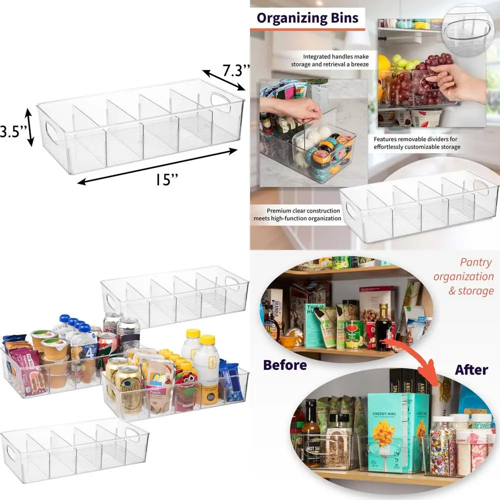 

Очень большие пластиковые контейнеры для хранения с выдвижными разделителями для кухни и холодильника - набор из 4 органайзеров XL