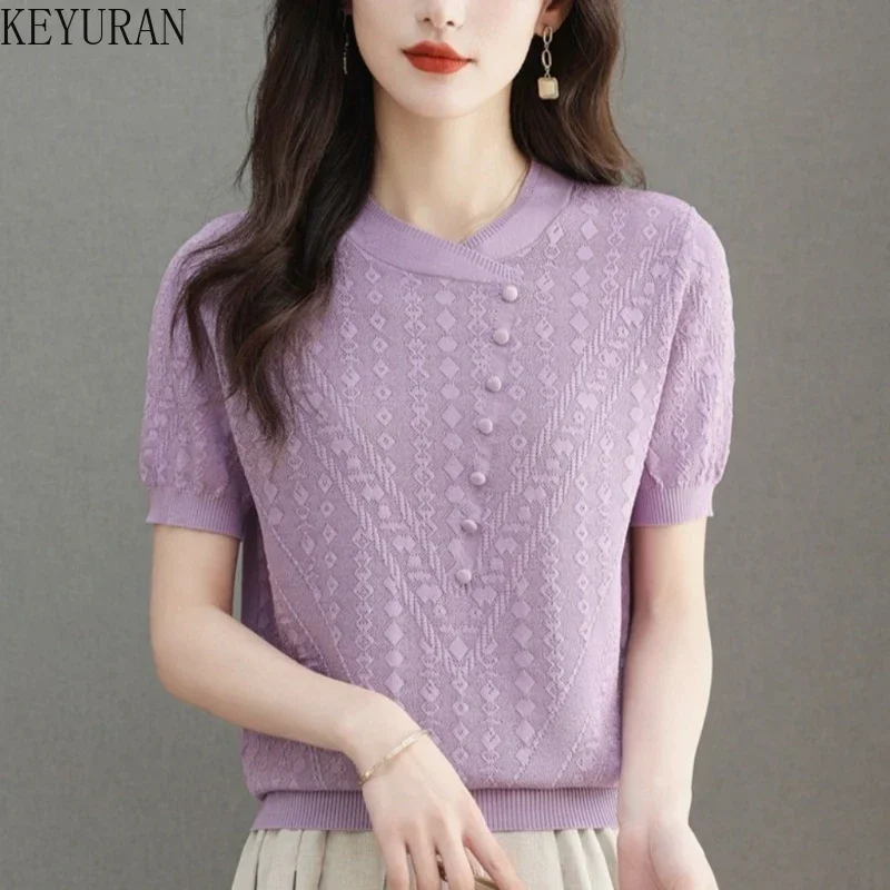 

2025 Summer Thin Ice Silk Knitted T Shirts for Women Elegant Fashion Chic O Neck Short Sleeve Knitwear Tops Ladies Casual Tees