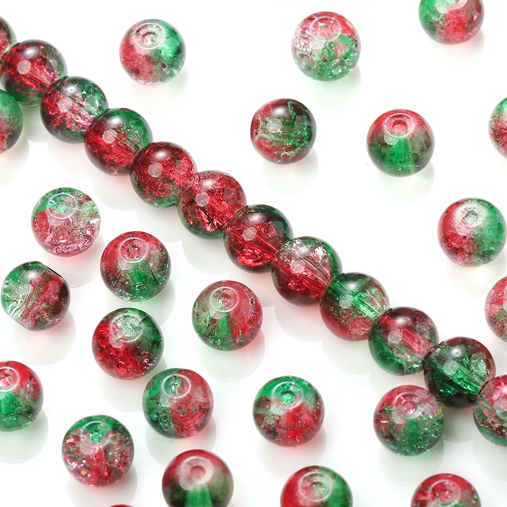 iYOE 100pcs Red Green Bicolor Crackle Round Spacer Acrylic Beads For Jewelry Making Christmas Earring Necklace Craft Accessories