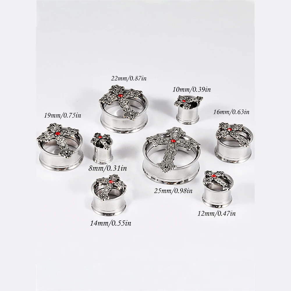 2-1 قطعة الفولاذ المقاوم للصدأ جولة القوطي كريستال الصليب الأذن مقاييس المقابس الأذن الأنفاق المتوسع نقالات ثقب المجوهرات للجنسين هدية #6