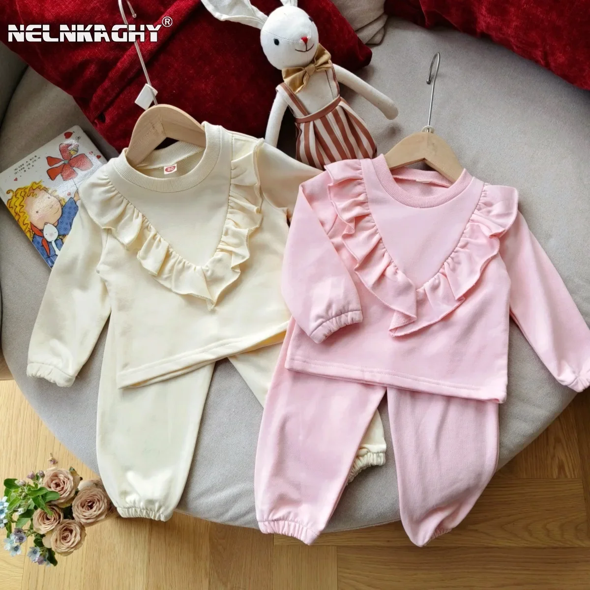 2024 Autumn Spring New in Kids Baby Girls Active Clothing Set 2pcs - Children Solid Ruched Sweatshirts+ Pants 6M-5Y