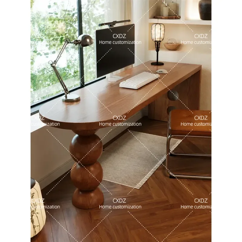 Medieval Style Solid Wood Desk with Socket Double Computer Table for Bedroom Balcony Window Study Home Office Furniture