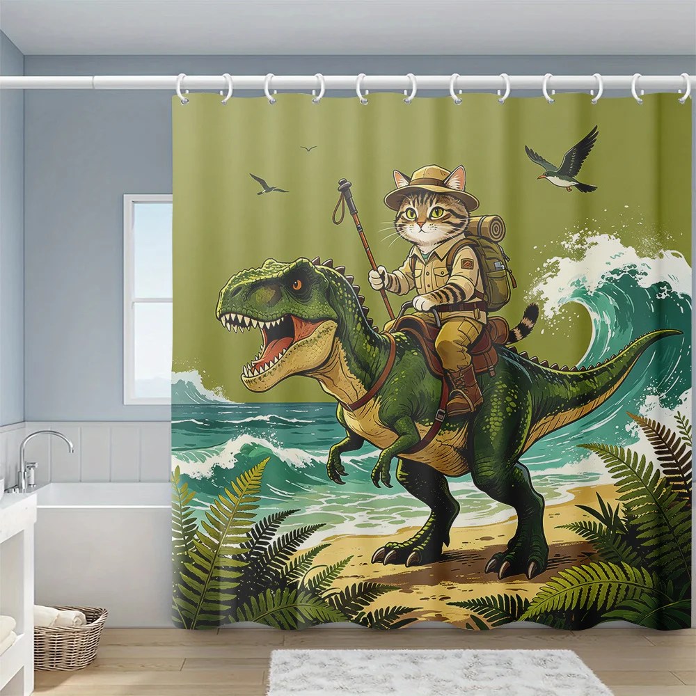 1 Shower Curtain with Jungle Explorer Cat and Dinosaur Print, Kitten with Backpack Riding Dinosaur, Seaside Green Outdoor Cartoo