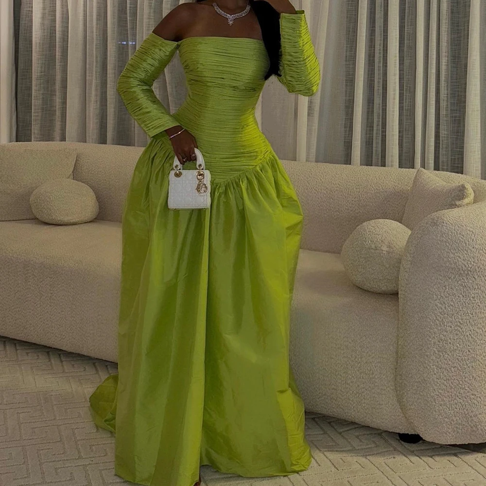 

A-Line Floor Length Strapless Court Train Ruched Exquisite Evening Dresses Custom Made Off the Shoulder Satin Long Sleeves