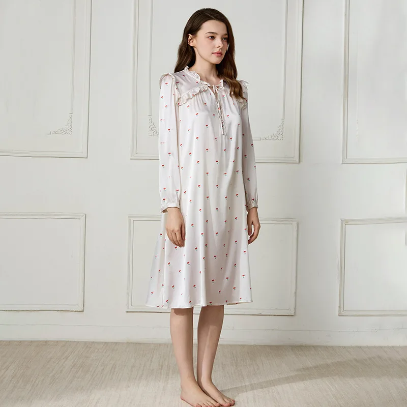 100% Mulberry Silk Nightgown Women Long Sleeve Ruffle Collar Vintage Style Night Dress Loose Midi Sleepwear Ladies Loungewear PJ