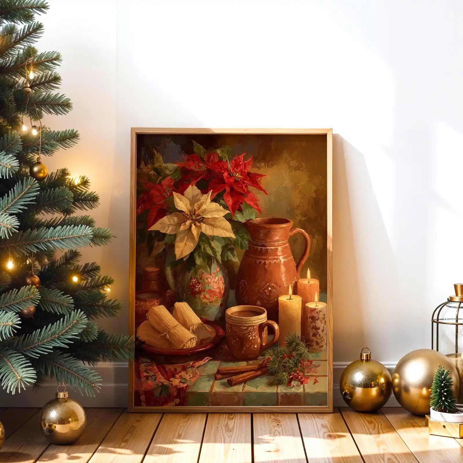 Mexican Christmas Poster Tamales & Ponche Kitchen Art Poster Poinsettia Holiday Print Latin Christmas Poster for Home Decoration
