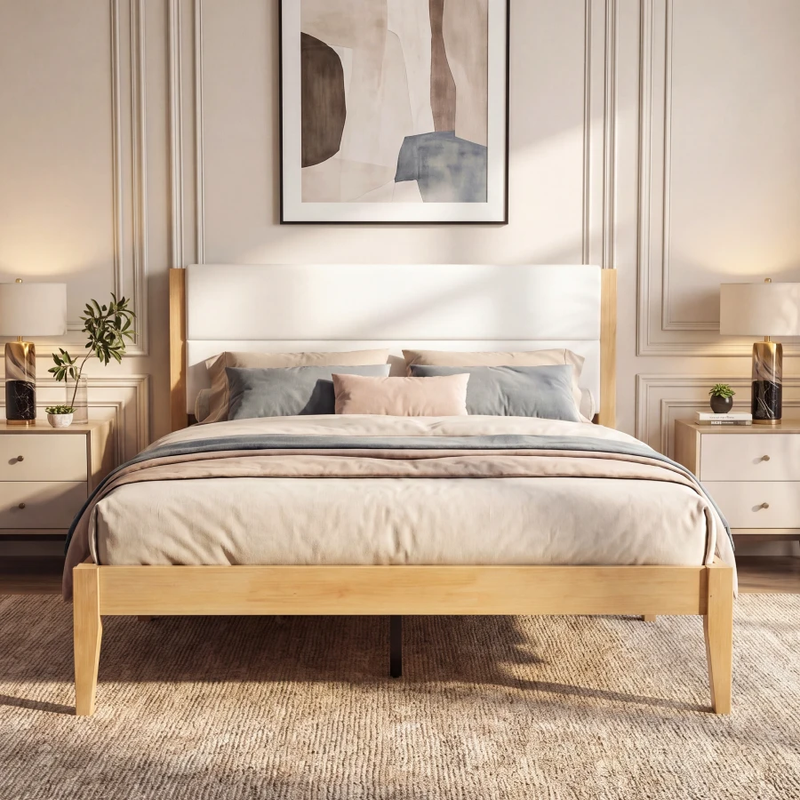 Mid-Century Modern Platform Bed Frame with Upholstered Headboard, Solid Wood Slat Support, No Box Spring Needed, Easy Assembly,