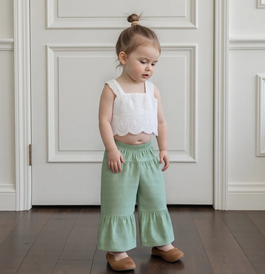1-6Y Kids Baby Girls Summer Outfit Solid Color Sleeveless Lace Tank Tops Elastic Casual Wide Leg Pants Set