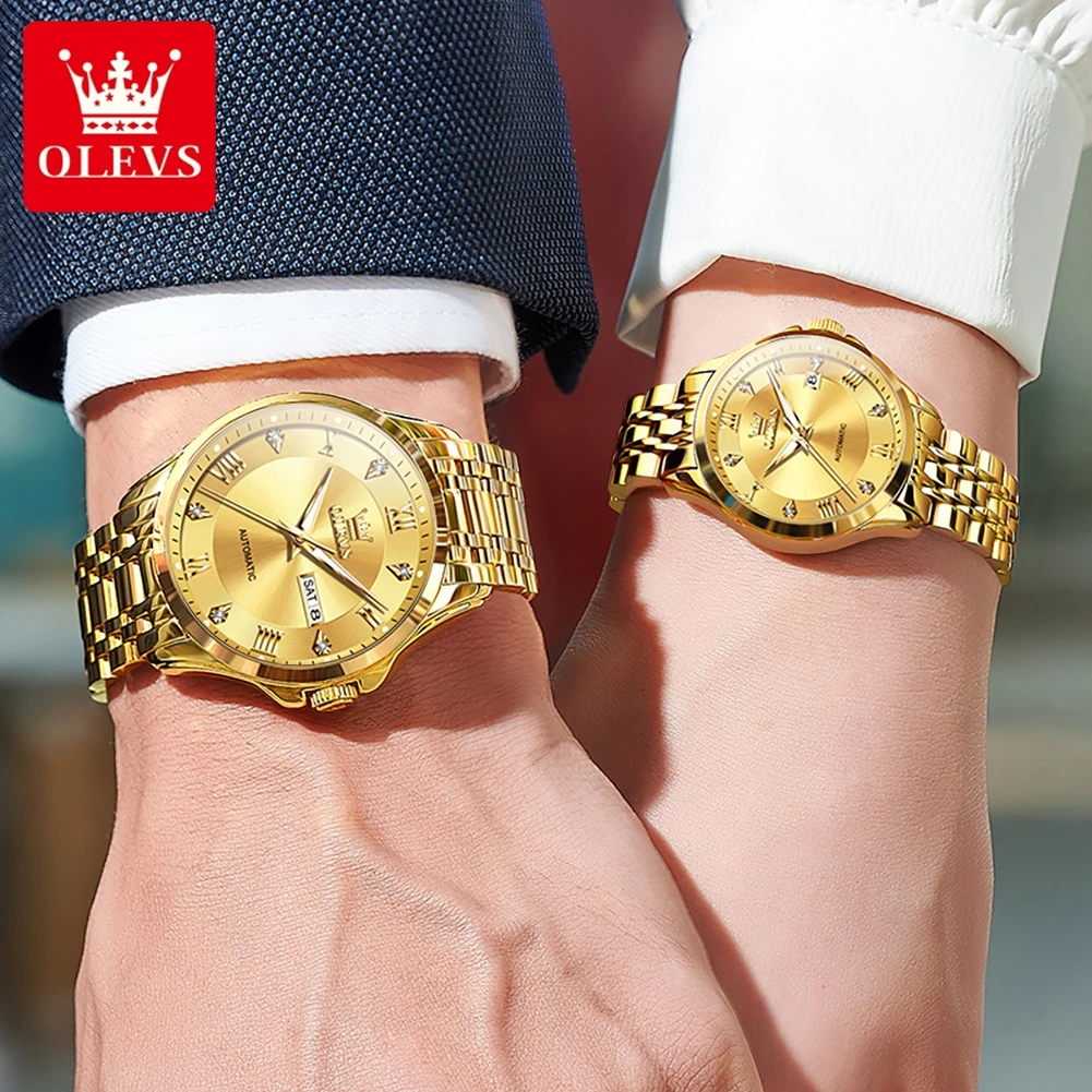 

Часы OLEVS 6702 для пар, золотые, роскошные, автоматические, механические, водонепроницаемые, с подсветкой, указателем дня недели и даты, брендовые часы для пар.