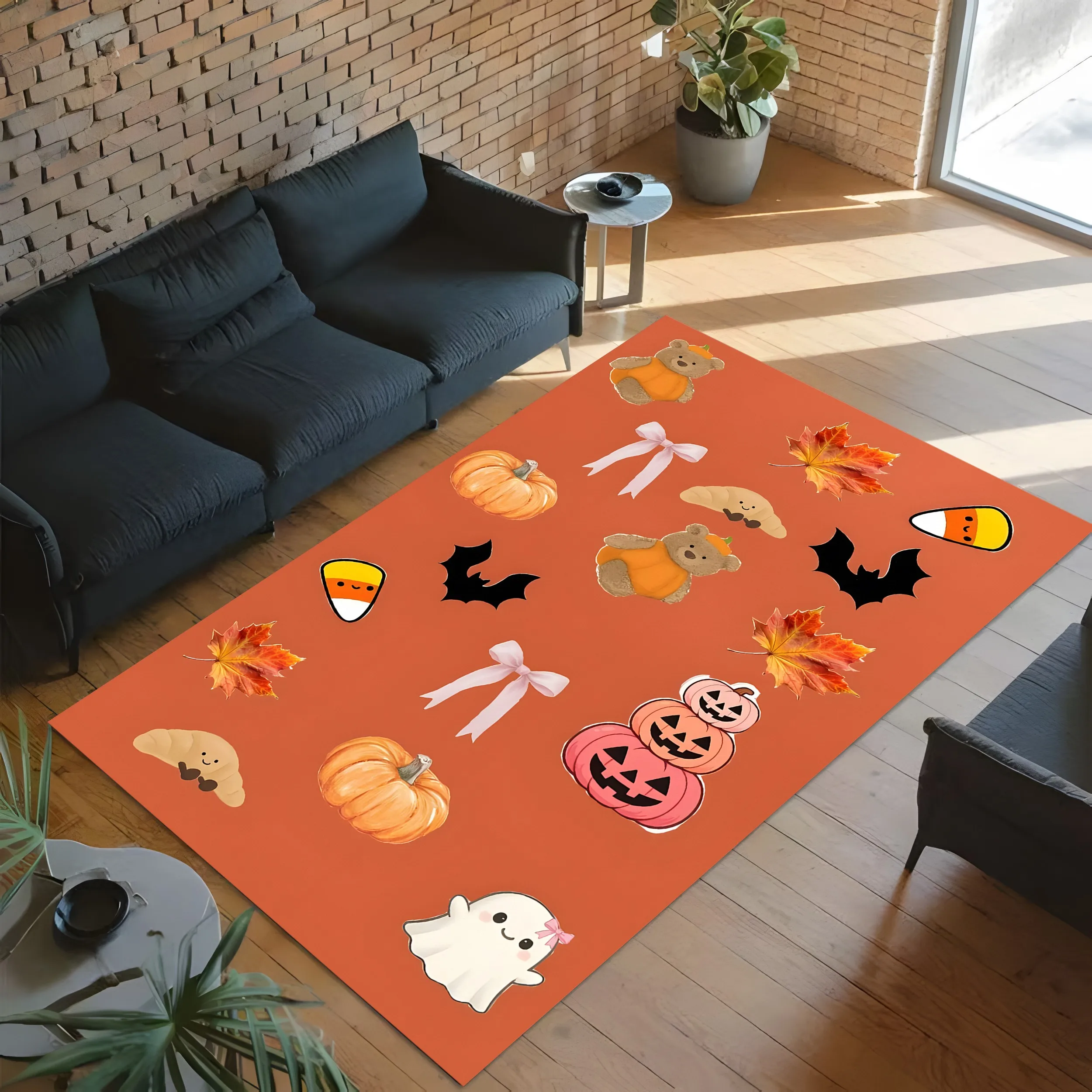 2D Large Carpet Pumpkin Ghost Bear Halloween Elements Cute Childlike Style Warm Orange Tones Vibrant Eye Catching Creating Joyful Atmosphere