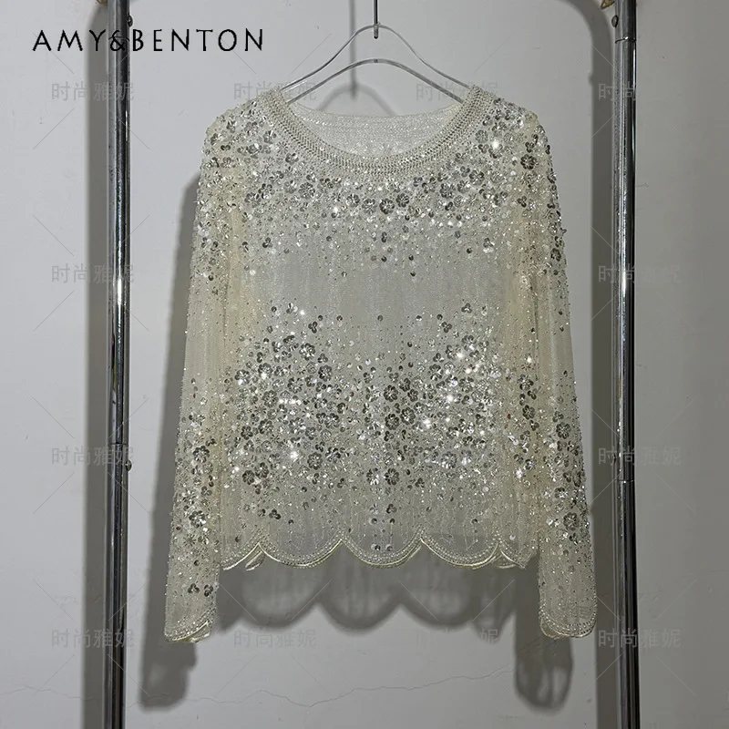 

Модная блузка с пайетками, бисером и жемчугом, кружевная, с длинными рукавами, круглым вырезом, облегающая, элегантная, для банкетов, вечеринок и мероприятий.