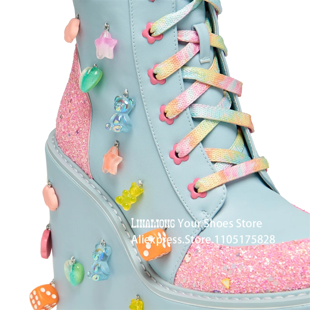 الباستيل الأزرق برج منصات حذاء من الجلد بريق الوردي لوحات الترا عالية مكدسة وحيد الجوارب كامل على مبعثر من السحر Y2k الأحذية