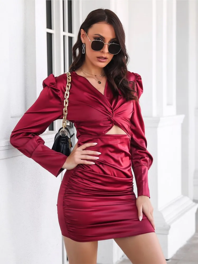 

Spring Autumn New Women's Clothing Color Ding Satin Twisted Bubble Sleeves Drawn Sexy Waist Long Sleeve Dress For Women