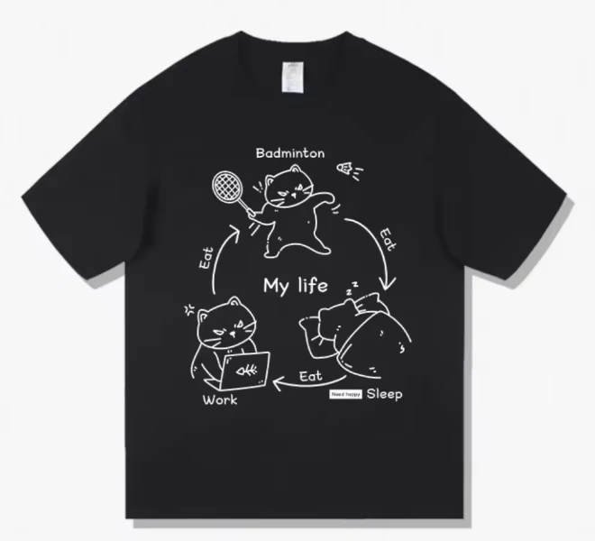 

SherkBadminton Cat Three Points and One Line] Футболка с короткими рукавами с забавным рисунком Свободная и универсальная летняя футболка из чистого хлопка