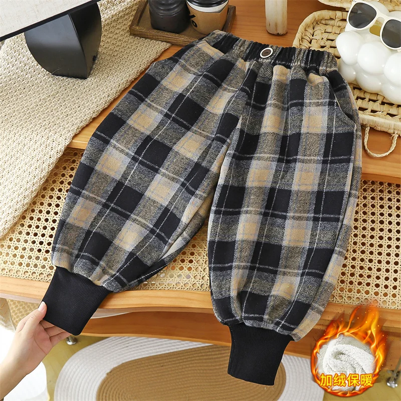 Thick Boys Girls Pants Winter Children Plush Velvet Sports Trousers Kids Plaid Fleece Warm Sweatpants Toddler Padded Clothing