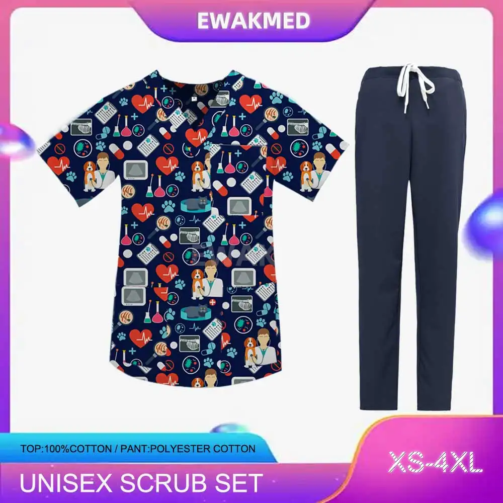 Unisex Medical Clothing Printed short Sleeve Scrubs Set Uniforms Nursing Clothes Dentist Workwear Women men Veterinarian Sets