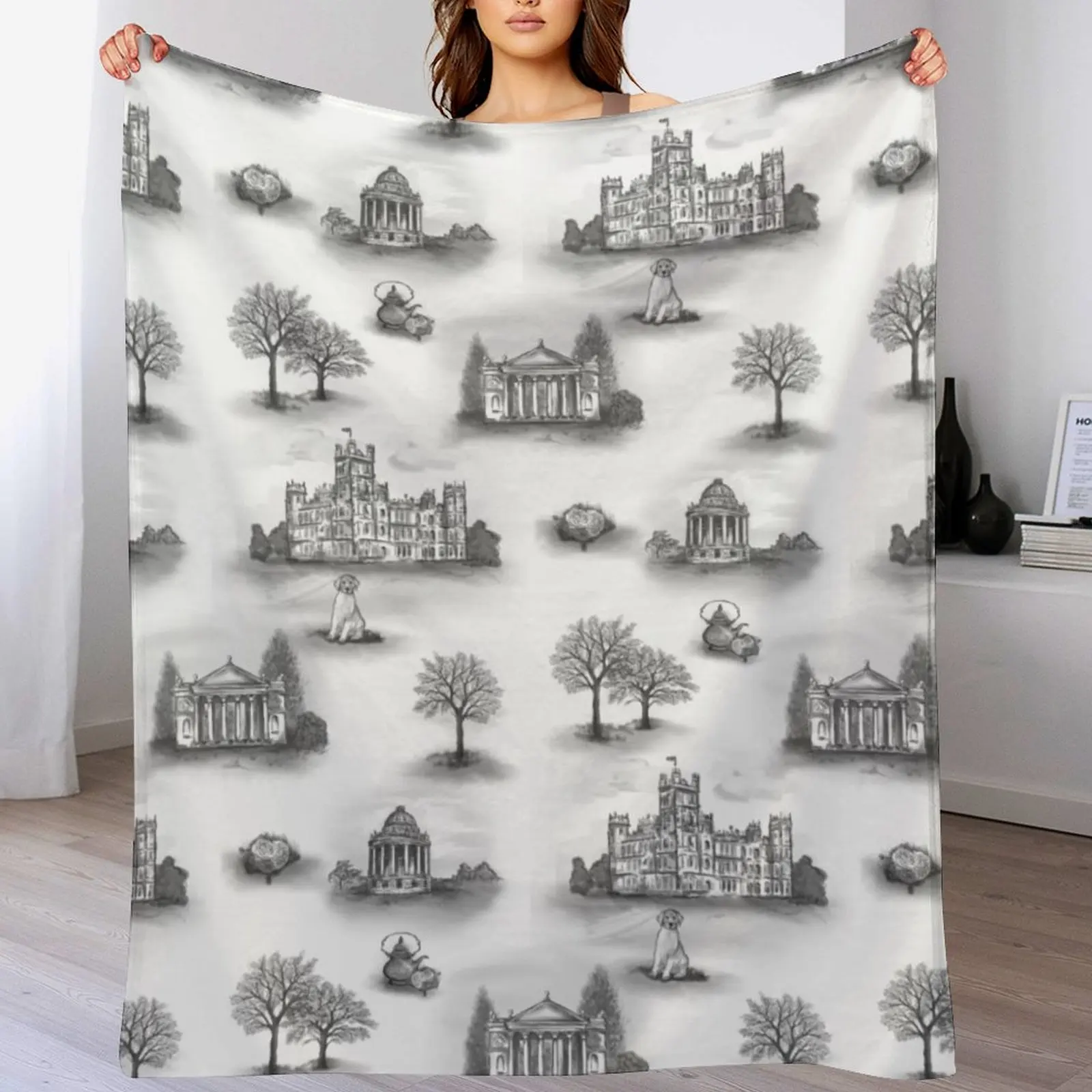 Black and Gray Downton Abbey Toile Throw Blanket For Decorative Sofa Designers Blankets