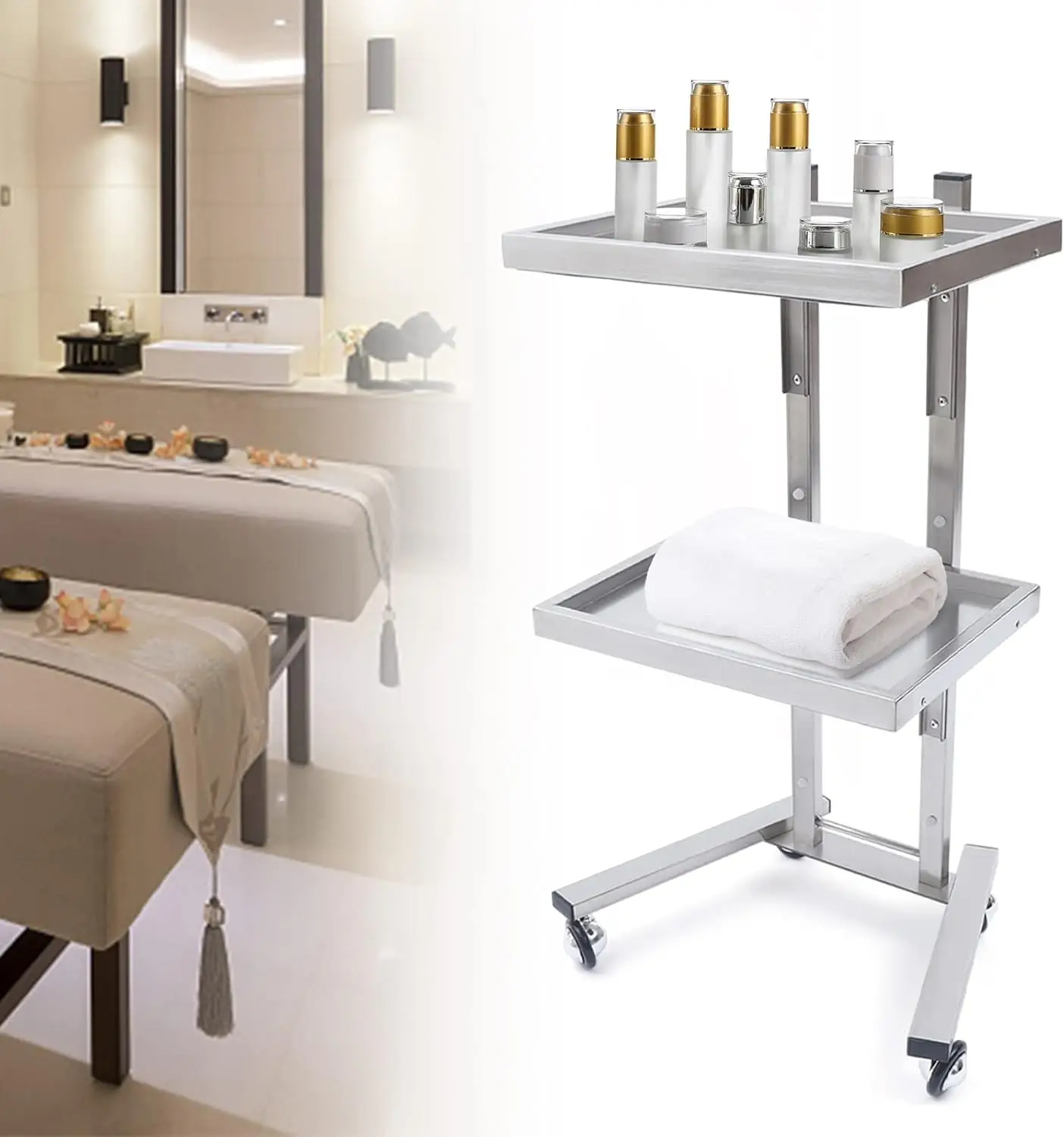 2 Tier Stainless Steel Rolling Cart Foldable Salon Trolley Stand With Wheels 44Lbs Load Capacity Organizer Cart Storage Tray