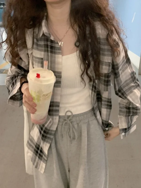 

Summer Thin Long Sve Women's Plaid Sun Protection irt Loose Fit Versatile Open Cardigan Outerwear Casual Busin Sle