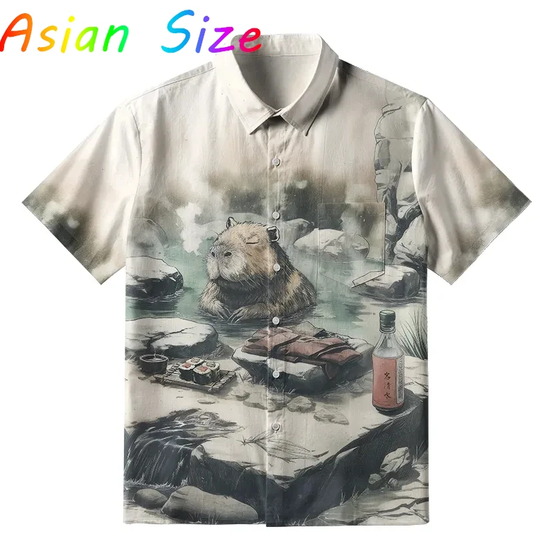 

Новинка 2024, гавайская аниме-капибара, мужская рубашка, забавные капибары, 3D принт, лацкан, одна пуговица, пляжные гавайские рубашки, унисекс, Y2k Camisa