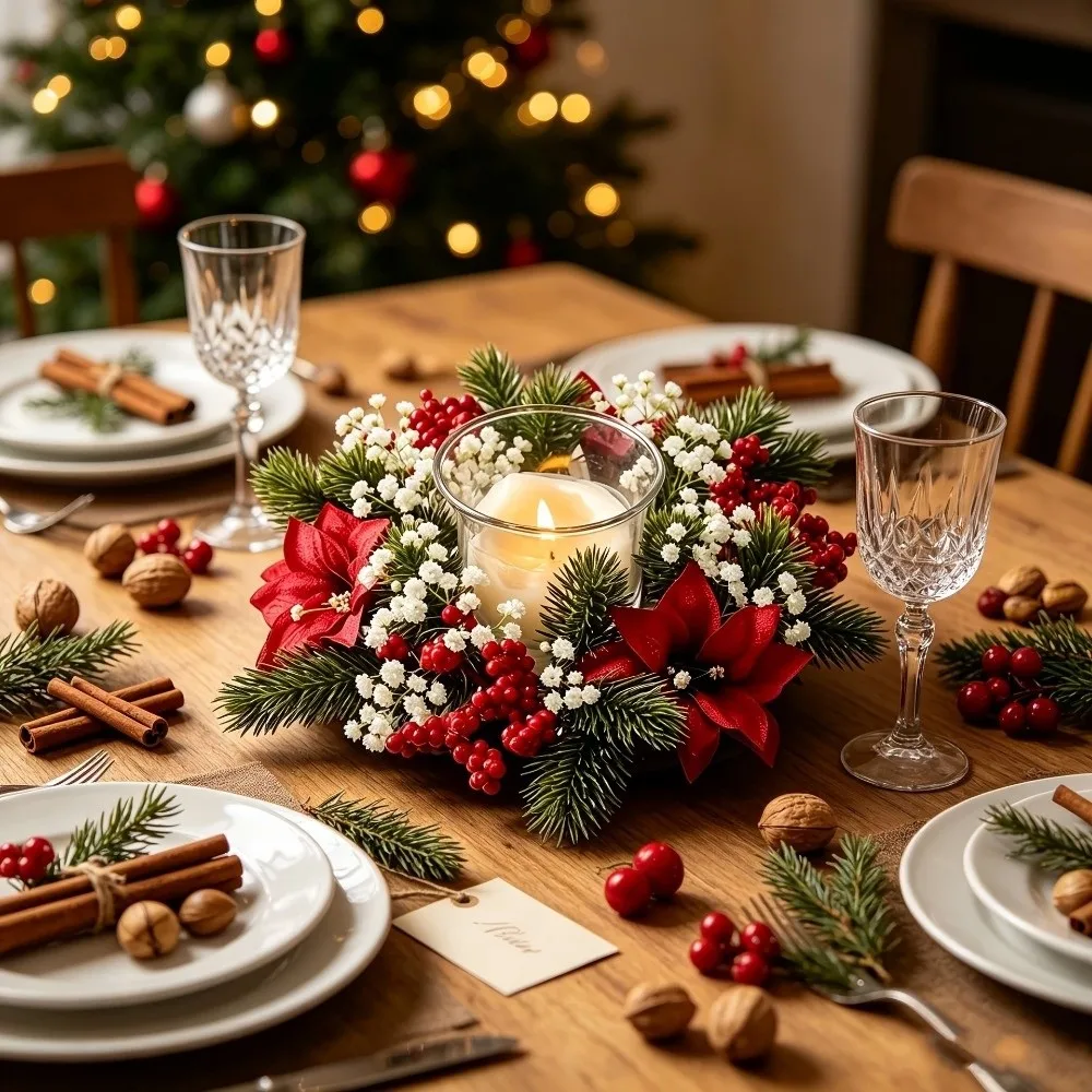 Red Berry Christmas Wreath Candlestick Flower Pine Needle Artificial Wreath Candle Rings Home Ornaments Pinecone
