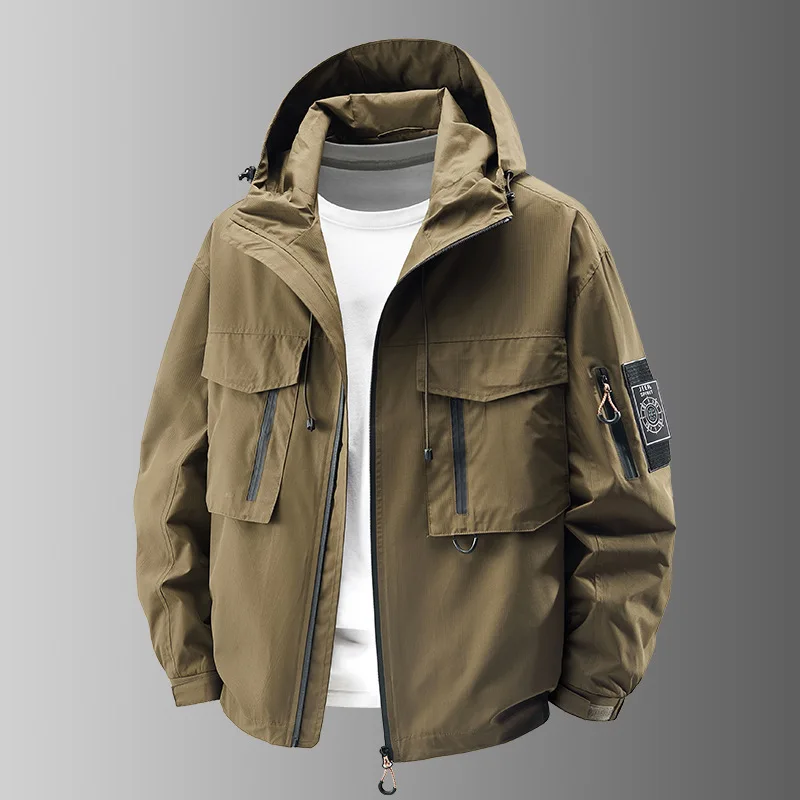2025 New Mens Spring Summer Streetwear Brand Hooded Outdoor Work Jacket Loose Style for Men
