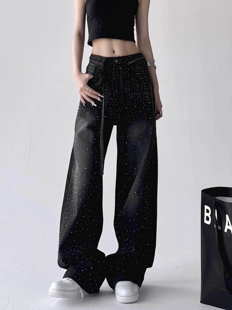 Y2K 별이 빛나는 하늘 청바지 여성 하이 웨이스트 핫 스탬프 다이아몬드 디자인 루즈 피트 와이드 레그 바닥 길이 가을 바지