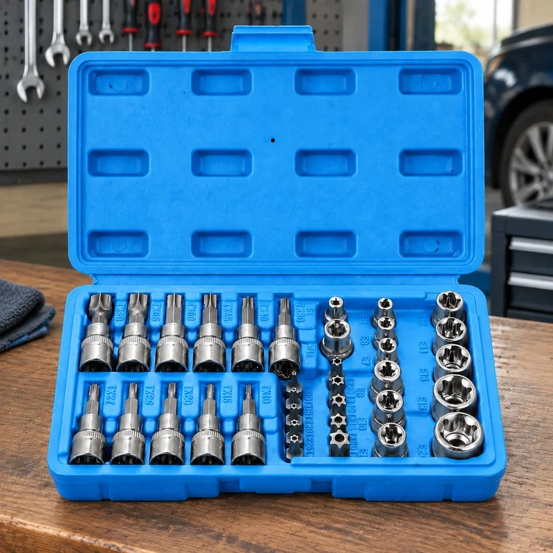 Complete 34-Piece Car Torx and Star Socket Kit with Male & Female Bits, 1/4