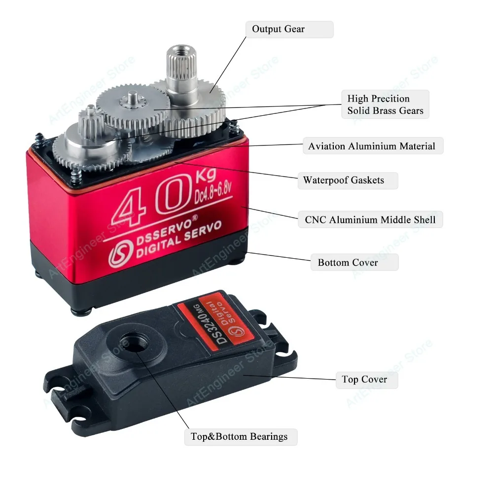 DS3240 40 kg digitales Servo mit hohem Drehmoment, Vollmetallgetriebe, wasserdicht, IP66, 25 Zähne, Servoarm für 1/8 1/10 RC-Car, 180/270 Grad optional