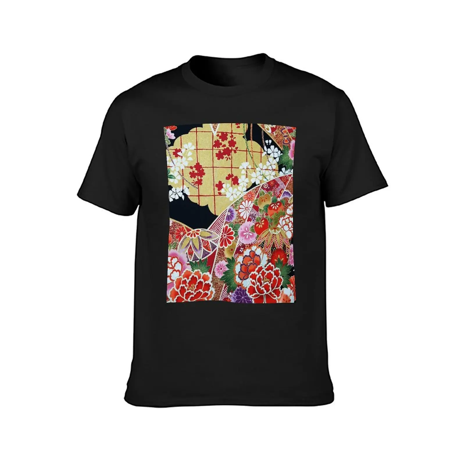 ANTIQUE JAPANESE FLOWERS Red Pink White Jasmines, Peonies Kimono Style Floral T-Shirt sweat anime clothes black t-shirts for men