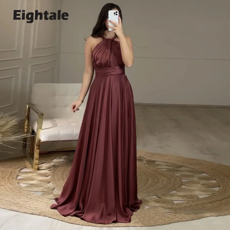 Eightale อาหรับชุดราตรีสำหรับงานแต่งงาน Halter Satin จีบ Mermaid ชุดราตรียาวพรรค Gowns 2022