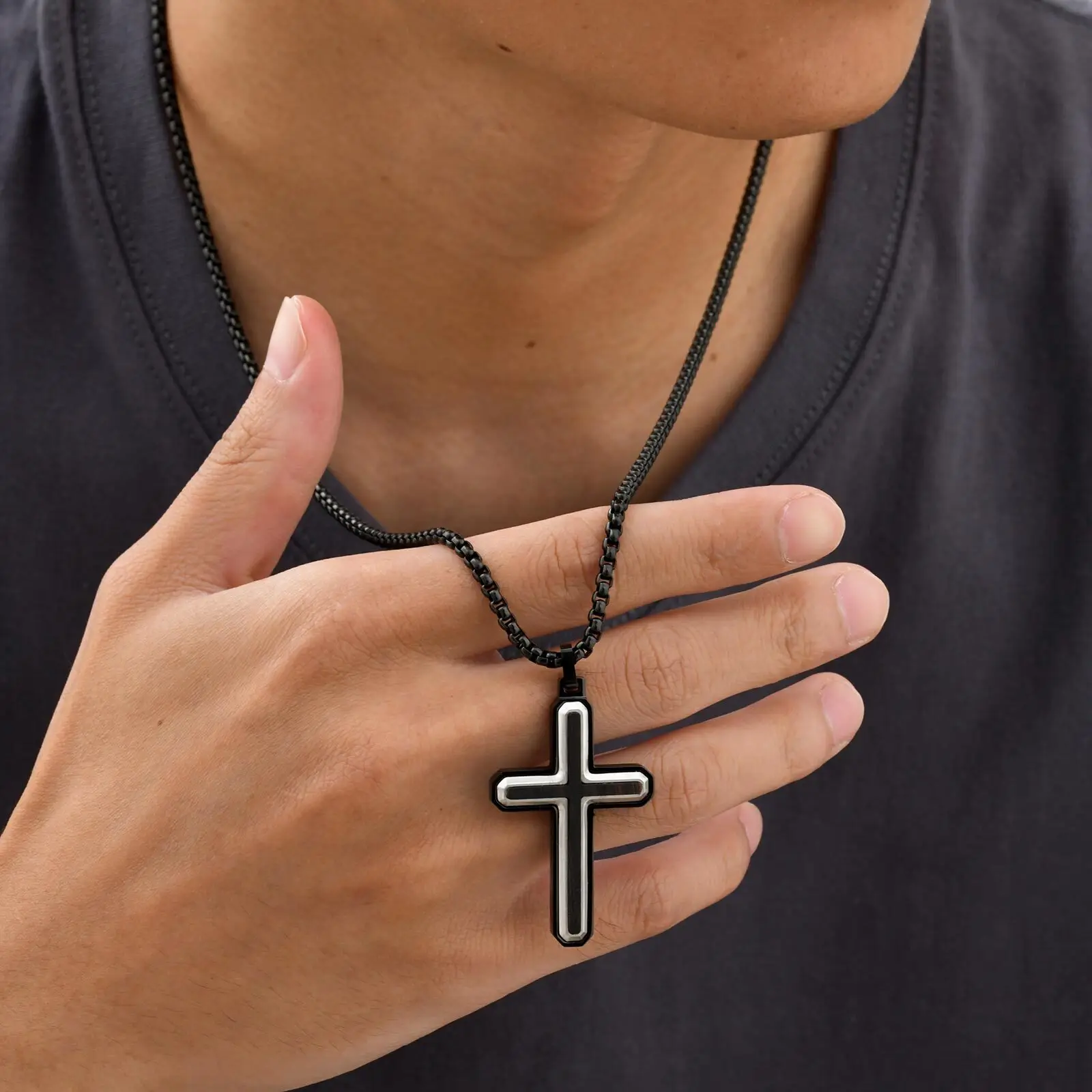 

High-End Ebony Cross Necklace,Natural Wood Stainless Steel Pendant Necklace,Gift for Father Son Boyfriend