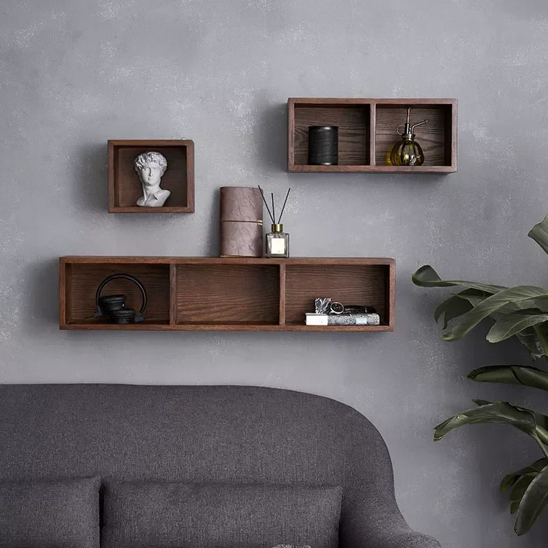 Solid Wood Wall Mounted Shelf Multi Grid Storage Rack Lattice Frame Wall Decoration for Living Room TV Background Surface