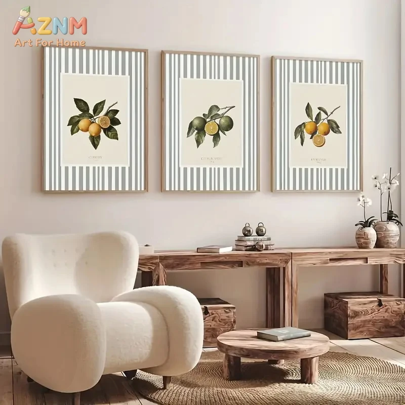 3PCS Vintage Lemon Lime Botanical Canvas Wall Art, Striped Grey and White Background Citrus Prints, Farmhouse Kitchen Decor Post