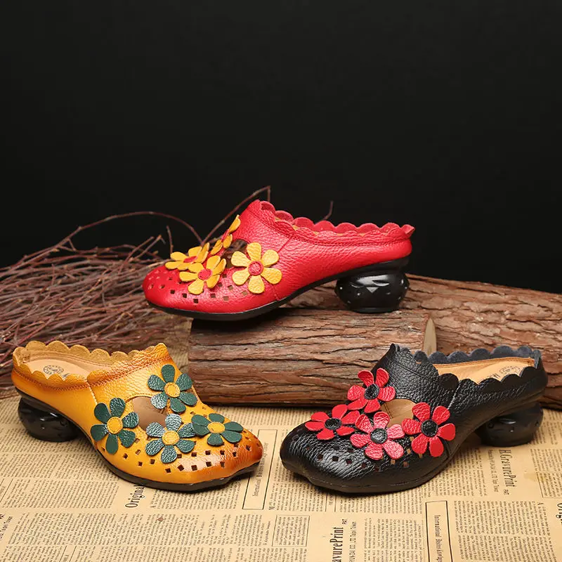 Handmade Genuine Leather Slippers Women\'s Spring Autumn Mules Low Heels Mom Cutout Strings Shoes Woman Wide Orthopedic Slippers