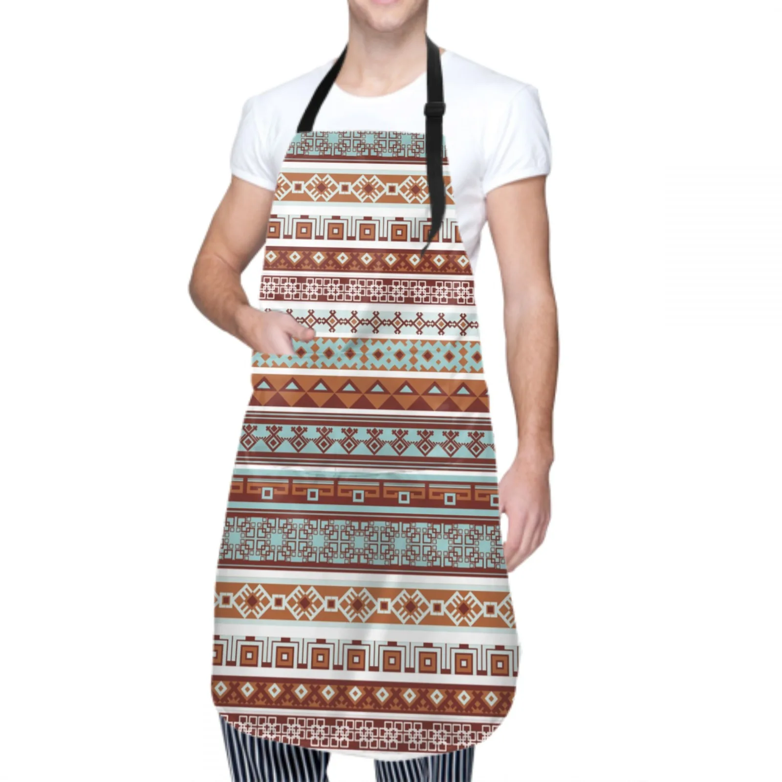 Bohemia Waterproof Apron with 2 Pockets Kitchen Chef Apron Geometric Apron for Hair Brushing Cooking Baking Painting Gardening