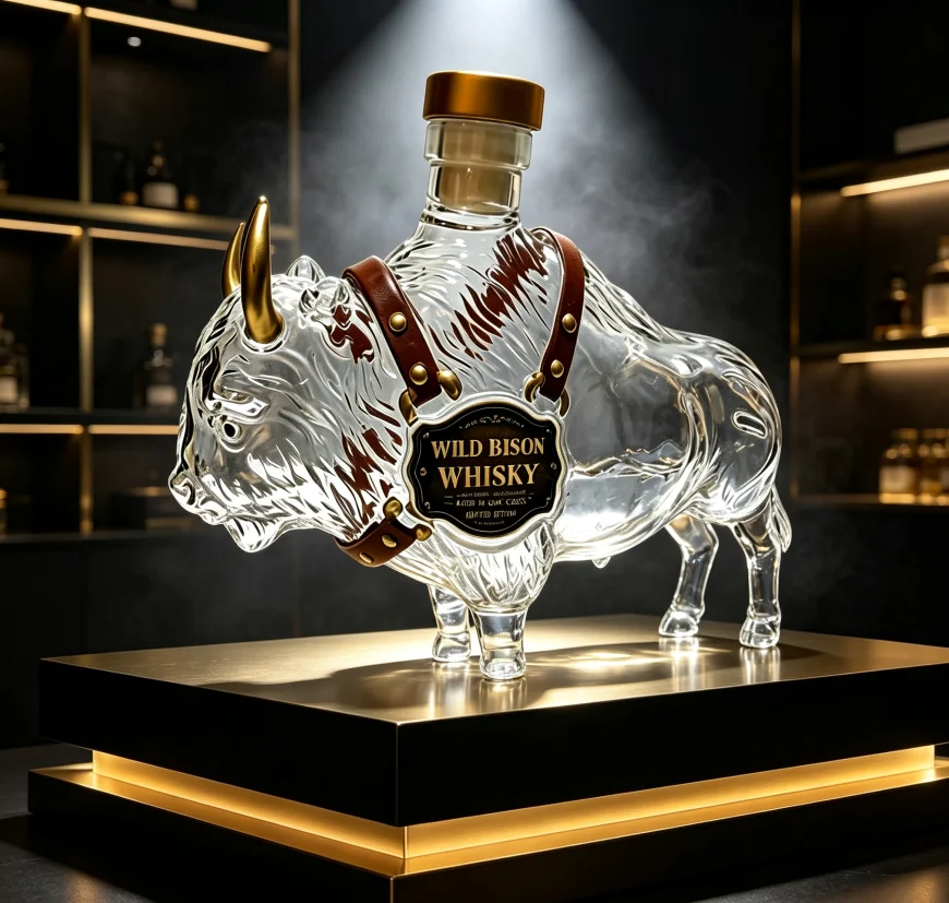 Bison Shaped Glass Whiskey Decanter, Animal Liquor Bottle for Home Bar Decor, Creative Empty Glass Wine Bottle for Whisky Brandy