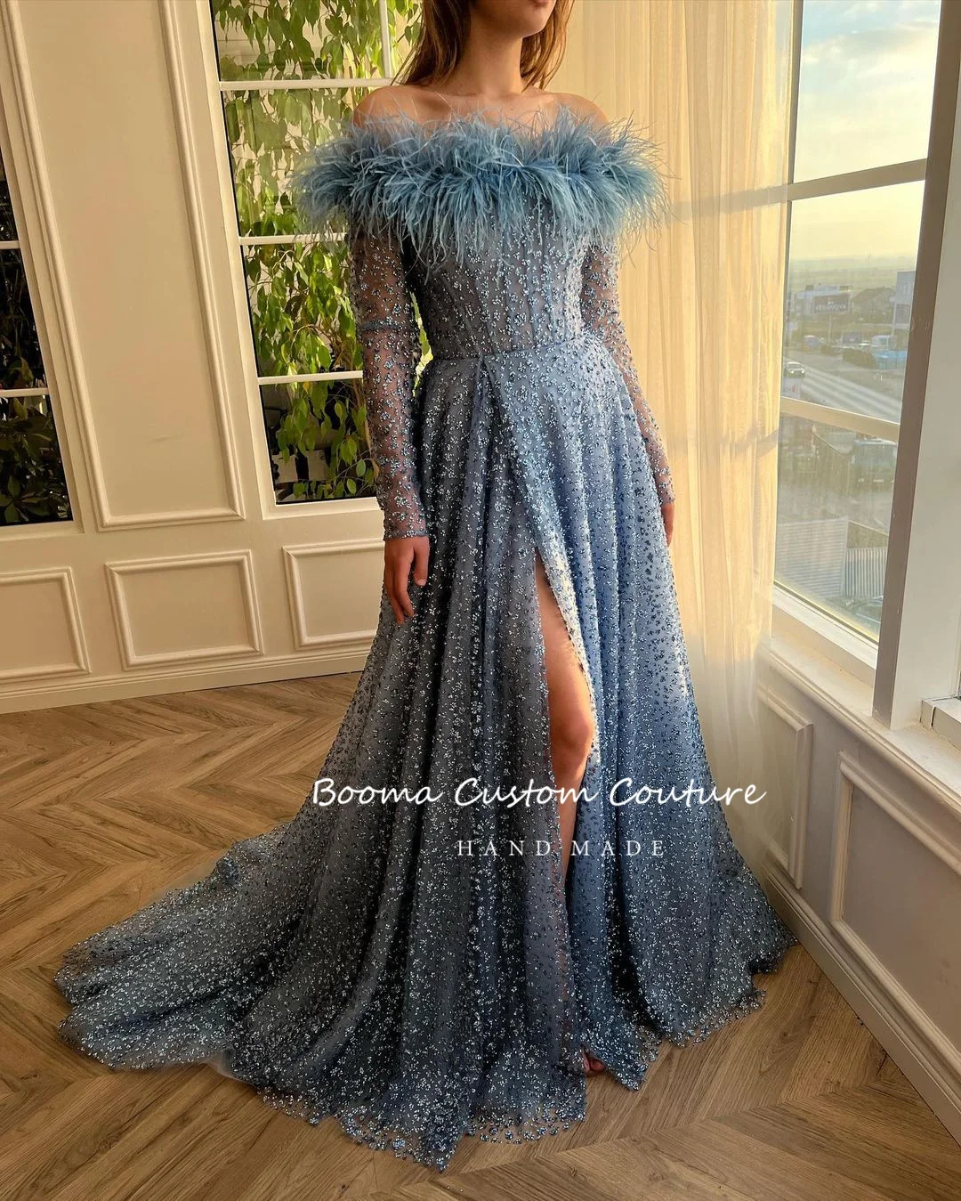 Booma Dusty Blue Glitter Tulle A-Line Prom Dresses Off the Shoulder Long Sleeves Feathers High Slit Maxi Evening Party Gowns