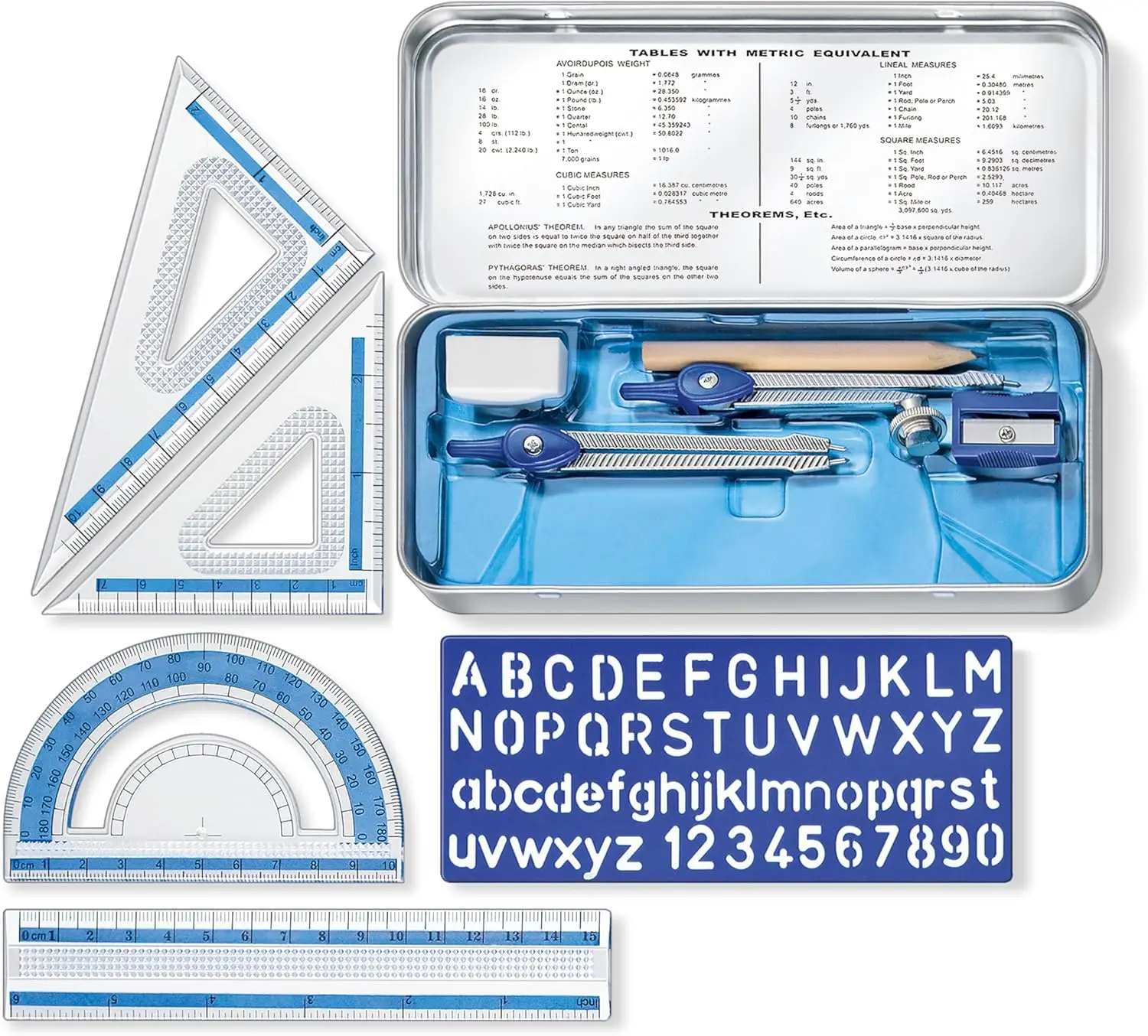

10-Piece Geometry Set with Metal Compass, 6" Ruler & Triangle Squares for Drafting and School