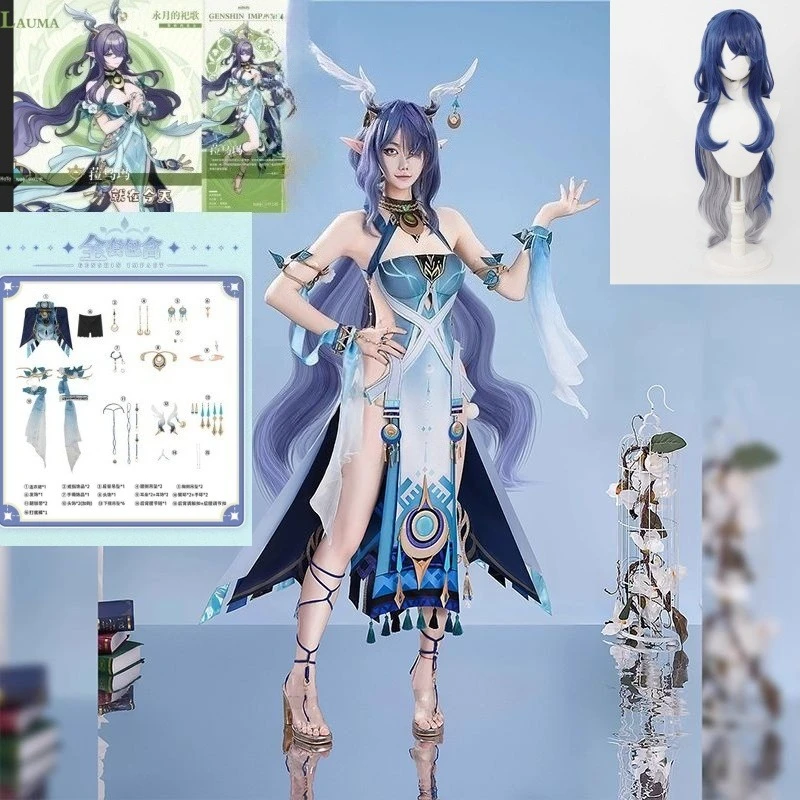 

Lauma Cosplay Costume Genshin Impact Lauma Wig Dress Frostmoon Scions Headwear Halloween Party Role-playing Costumes and Wig