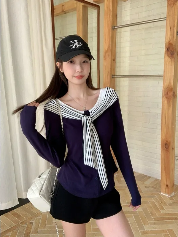 

plus Size Women's Striped Tie-Dye Long Sve T-irt Slimming High Waist Korean Sle Commute Wind Autumn New Faion Top