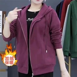 Women Coat 2026 Spring Autumn Korean New Jacket Hooded Cardigan Add Velvet Padded Outerwear Ladies Loose Leisure Overcoat Female