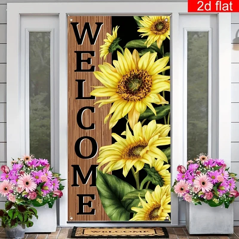 VIKAMA Farmhouse Sunflower Noren Curtain Welcome Letter Wooden‑Texture Yellow Flower Pattern Fabric Door Curtain