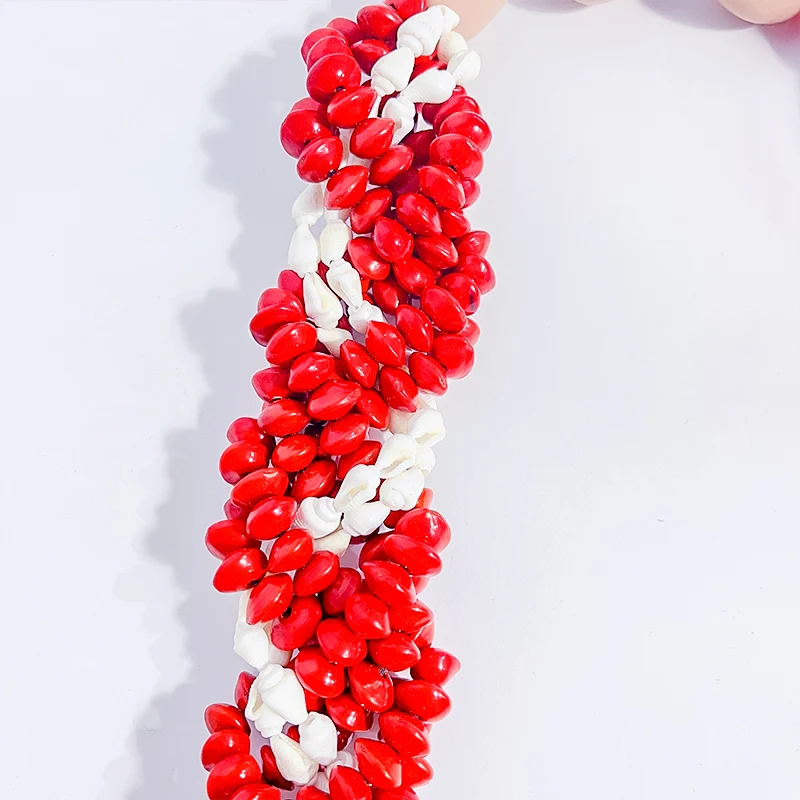 2023 Summer Hot Sale Handmade Braided Woman Necklace Red Lucky Seeds With Natural Long Cowry Shell Tropical Samoa Style Lopa Set