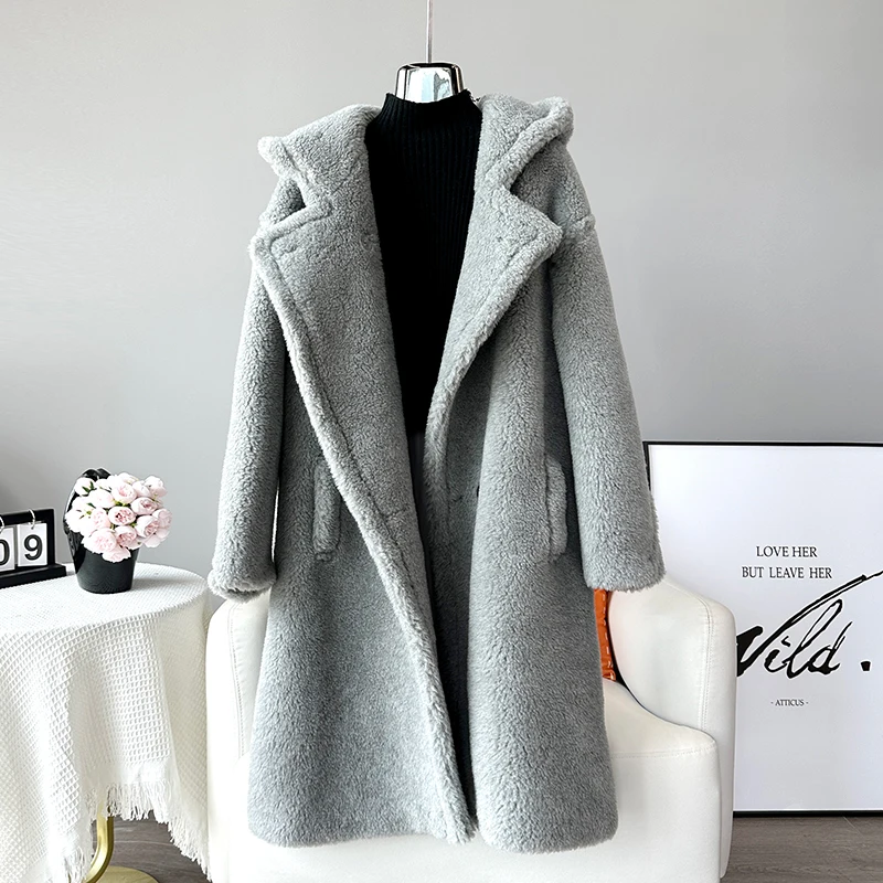 Women Real Wool Warm Teddy Fashion Coat Female Sheep Shearling Winter Long Hooded Jacket Parka JT3399