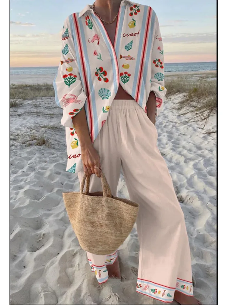 Zomer Nieuwe Vakantie Stijl Cruise Print 2-delige set Revers Shirt + Wijde pijpen Broek Voor Vrouwen Casual Cruise Outfit Strandvakantie